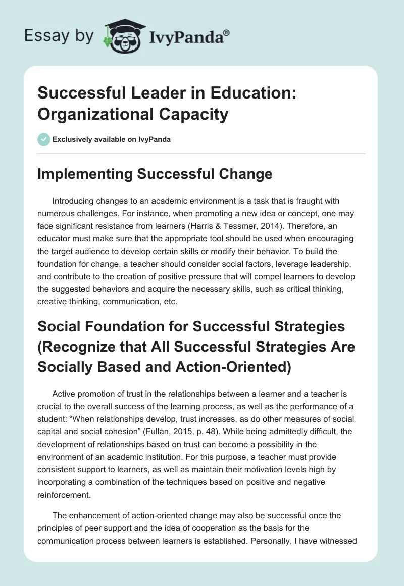 Successful Leader in Education: Organizational Capacity. Page 1