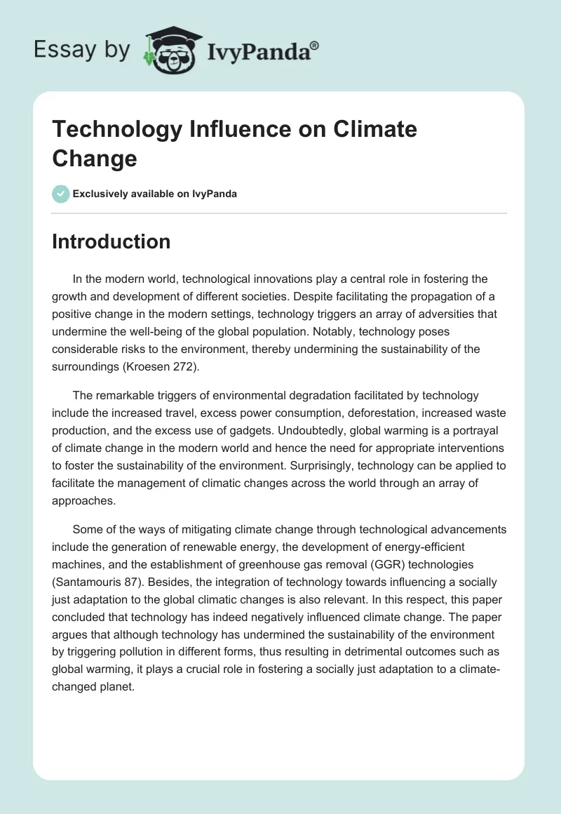 Technology Influence on Climate Change. Page 1
