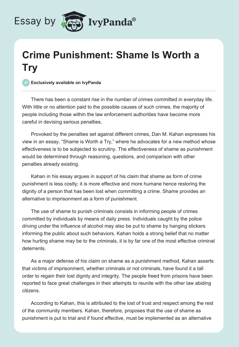 Crime Punishment: Shame Is Worth a Try. Page 1