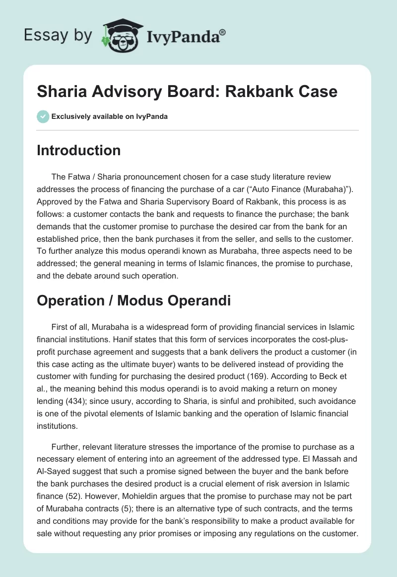 Sharia Advisory Board: Rakbank Case. Page 1