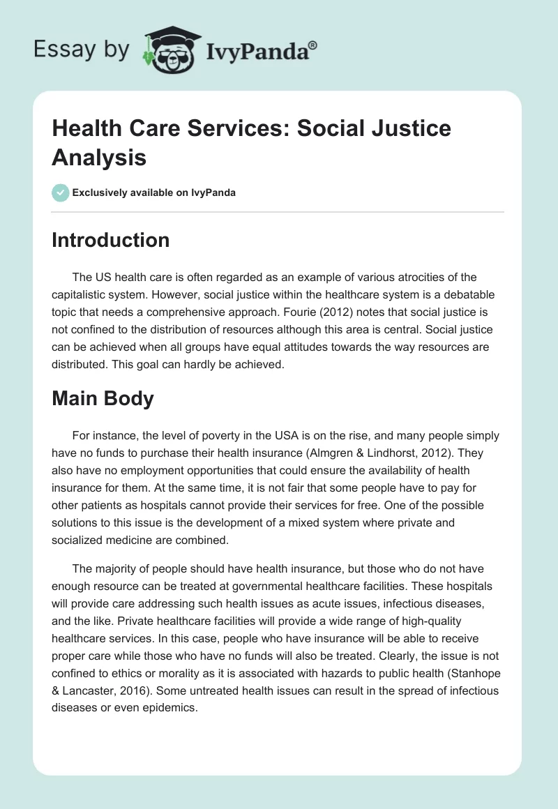 Health Care Services: Social Justice Analysis. Page 1