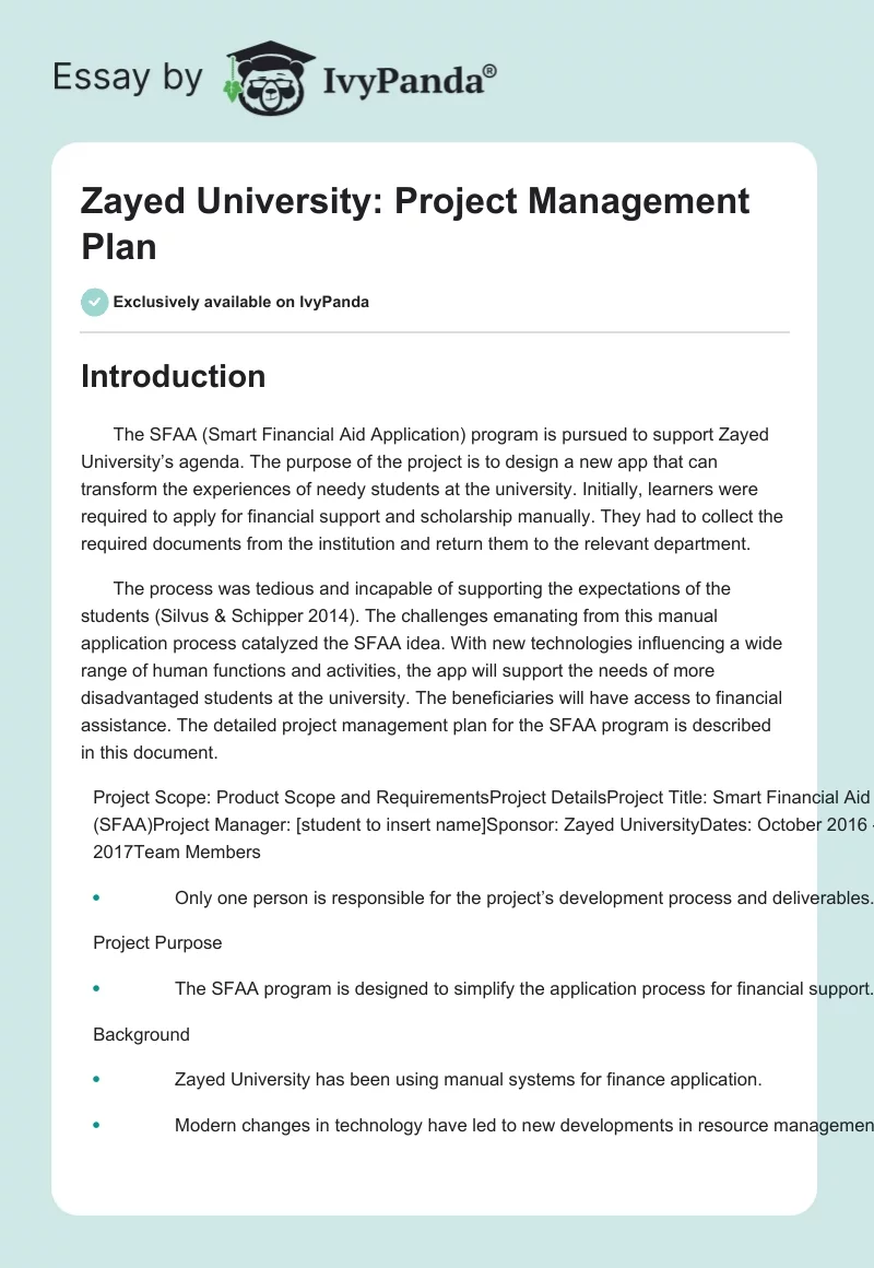 Zayed University: Project Management Plan. Page 1
