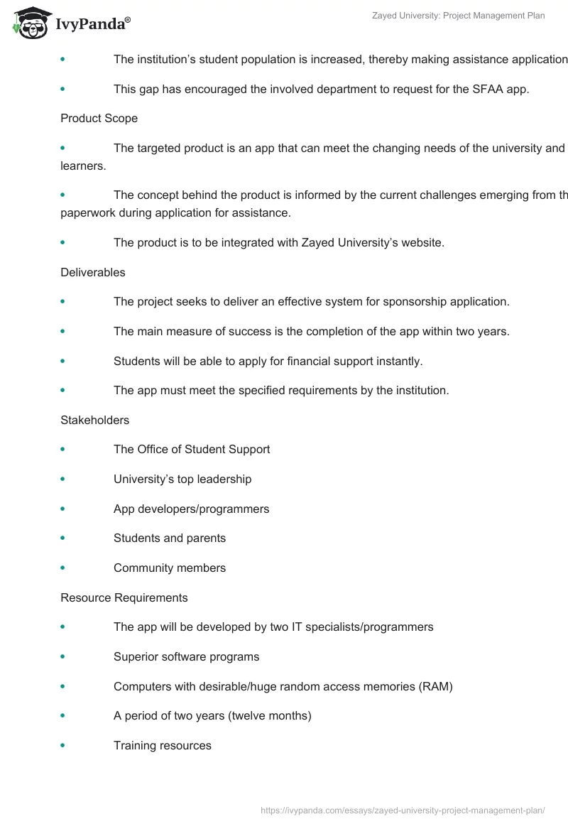 Zayed University: Project Management Plan. Page 2