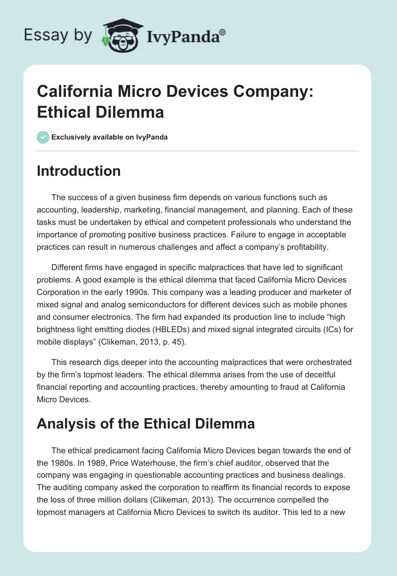 California Micro Devices Company: Ethical Dilemma. Page 1