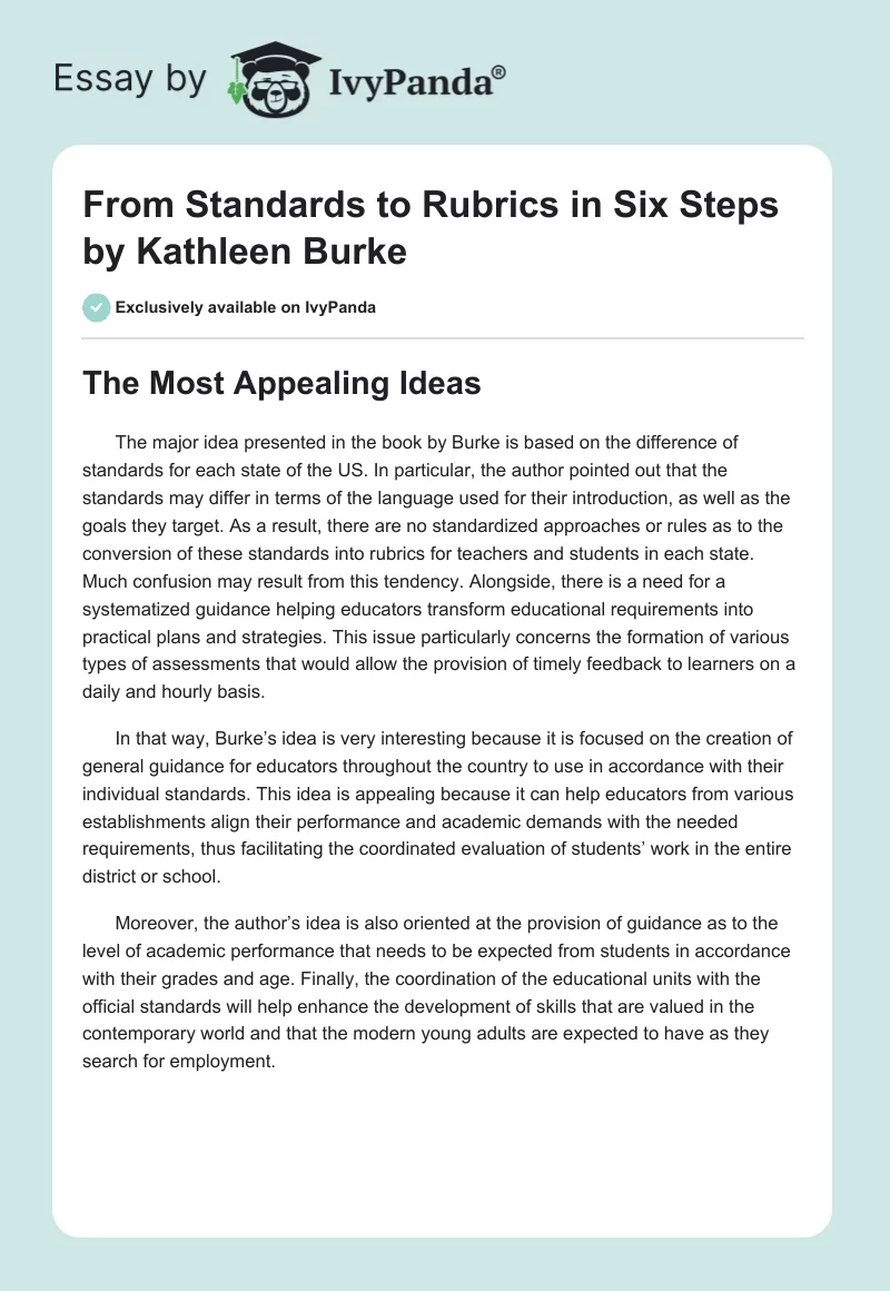 "From Standards to Rubrics in Six Steps" by Kathleen Burke. Page 1