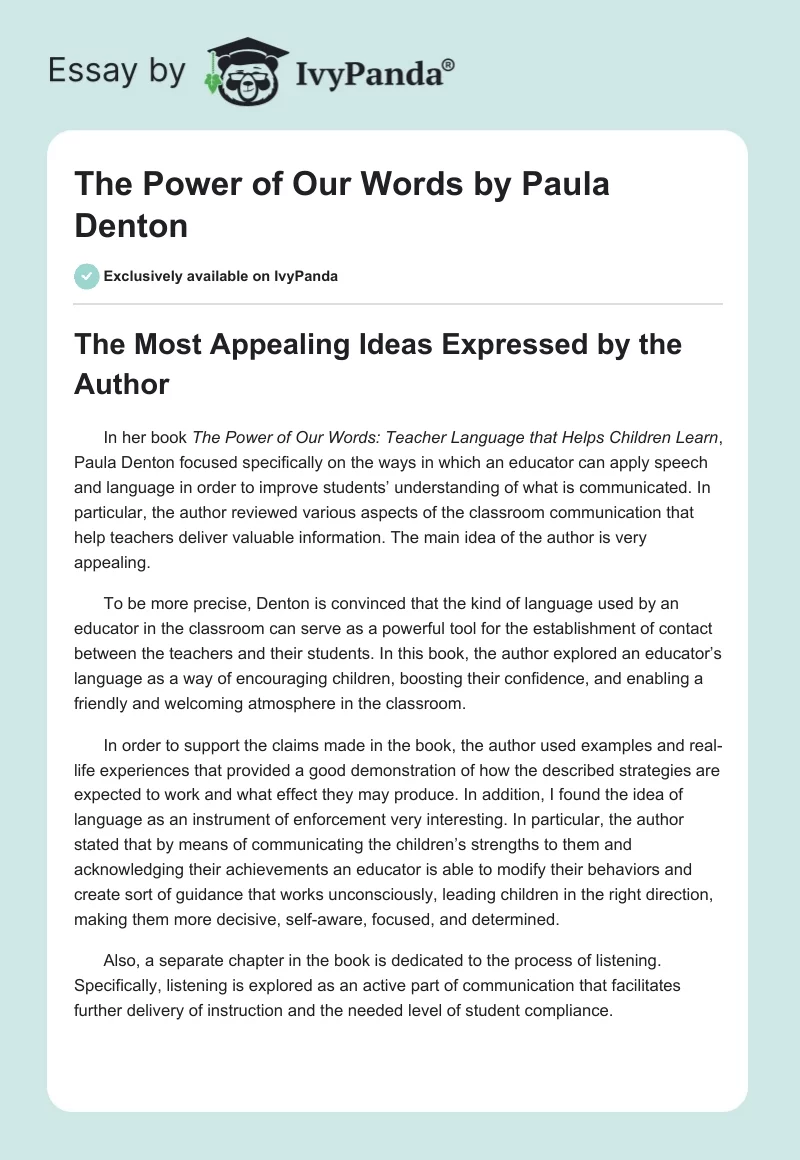 "The Power of Our Words" by Paula Denton. Page 1