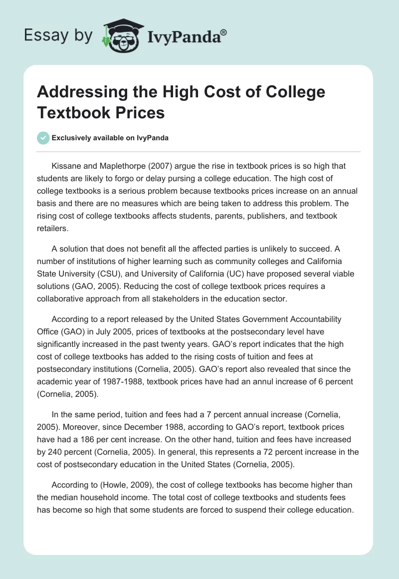 Addressing the High Cost of College Textbook Prices. Page 1