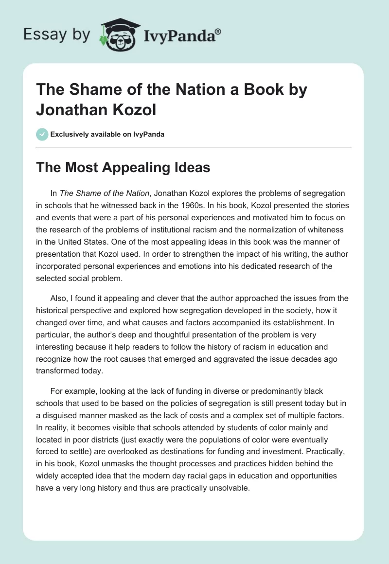 "The Shame of the Nation" a Book by Jonathan Kozol. Page 1