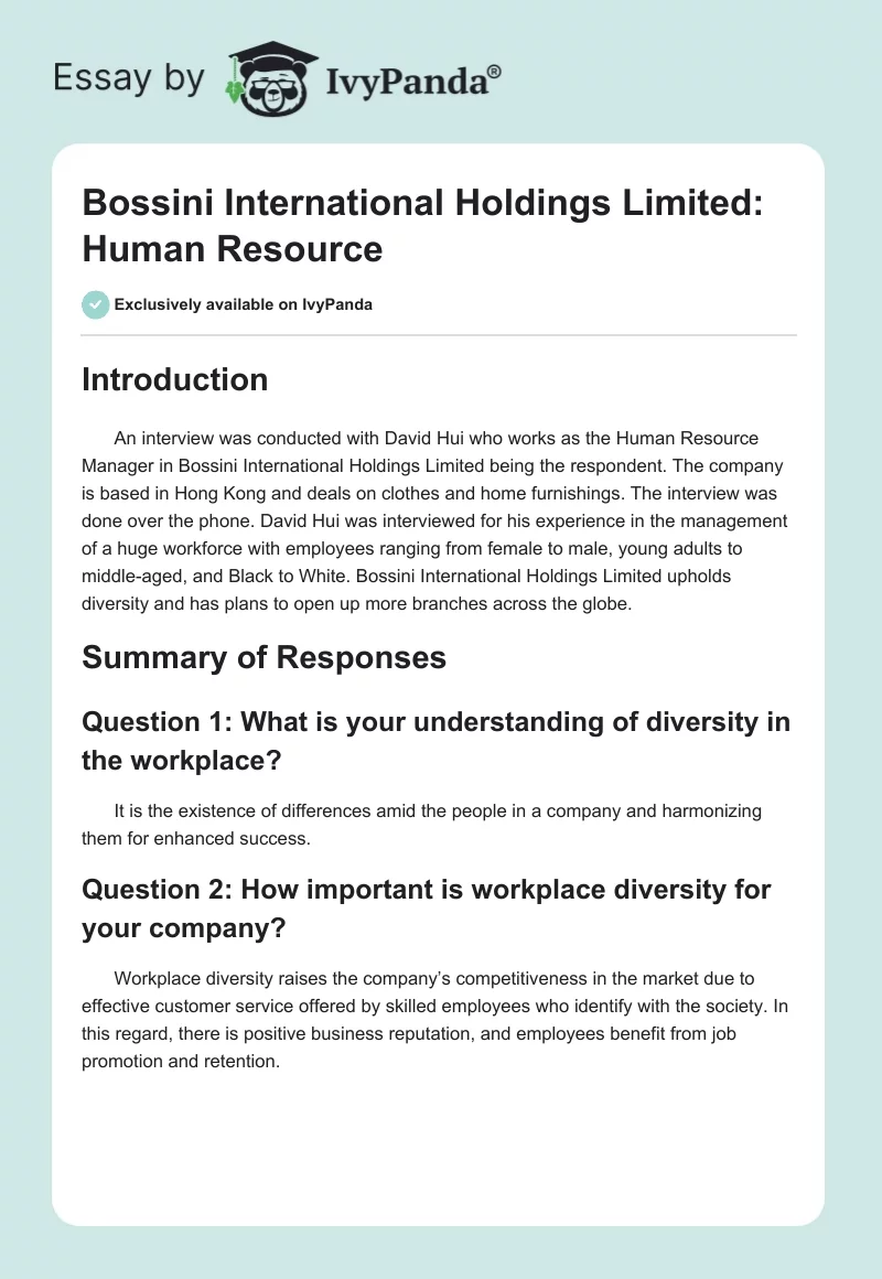 Bossini International Holdings Limited: Human Resource. Page 1