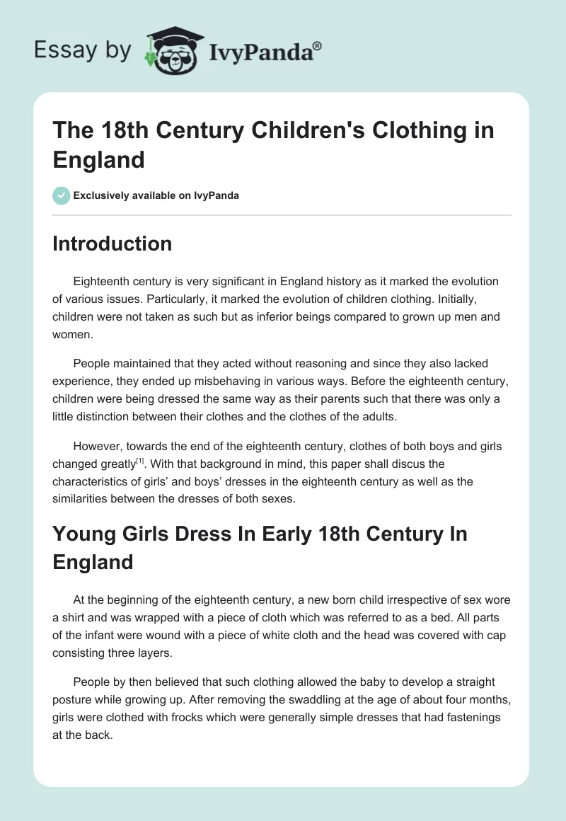 The 18th Century Children's Clothing in England. Page 1