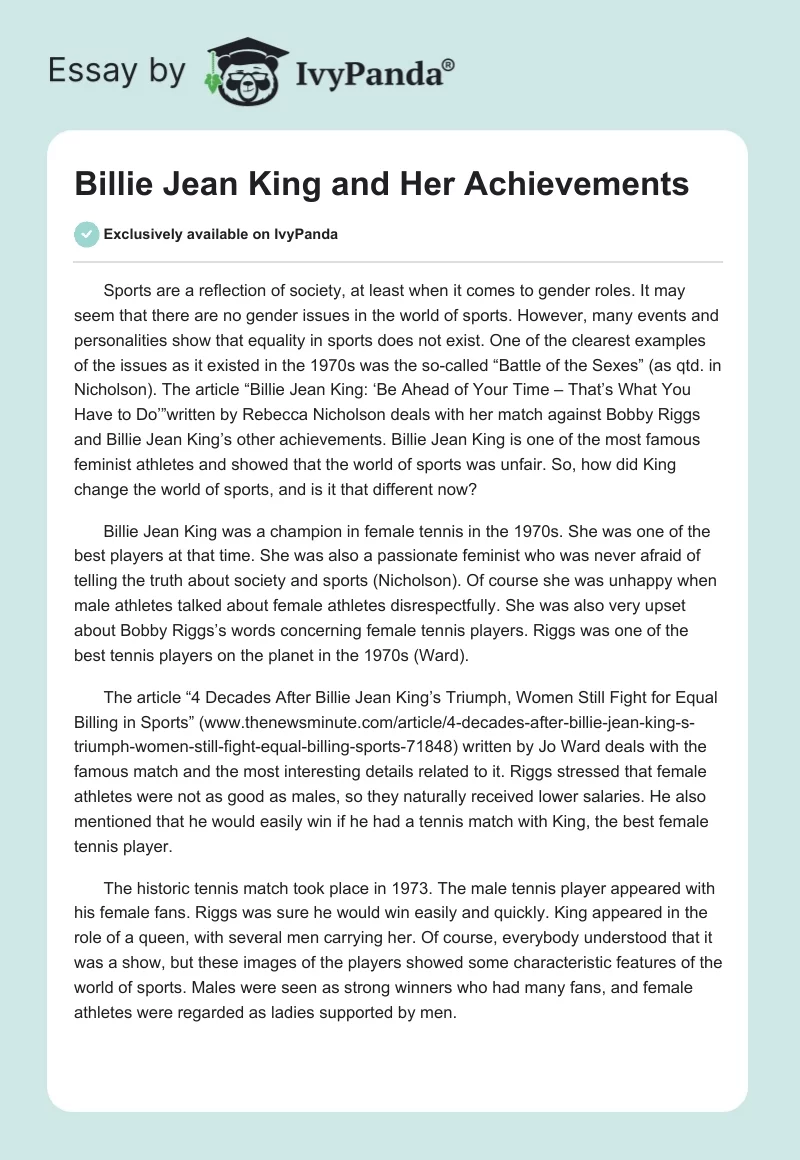 Billie Jean King and Her Achievements. Page 1