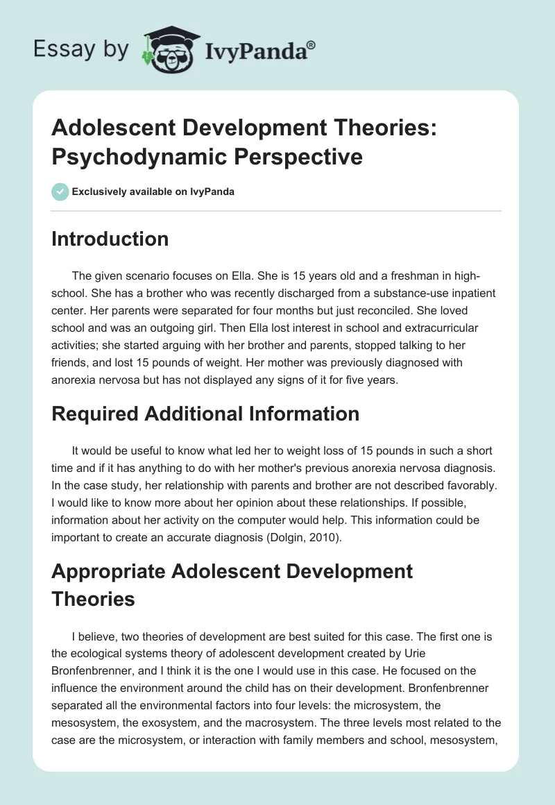 Adolescent Development Theories: Psychodynamic Perspective. Page 1