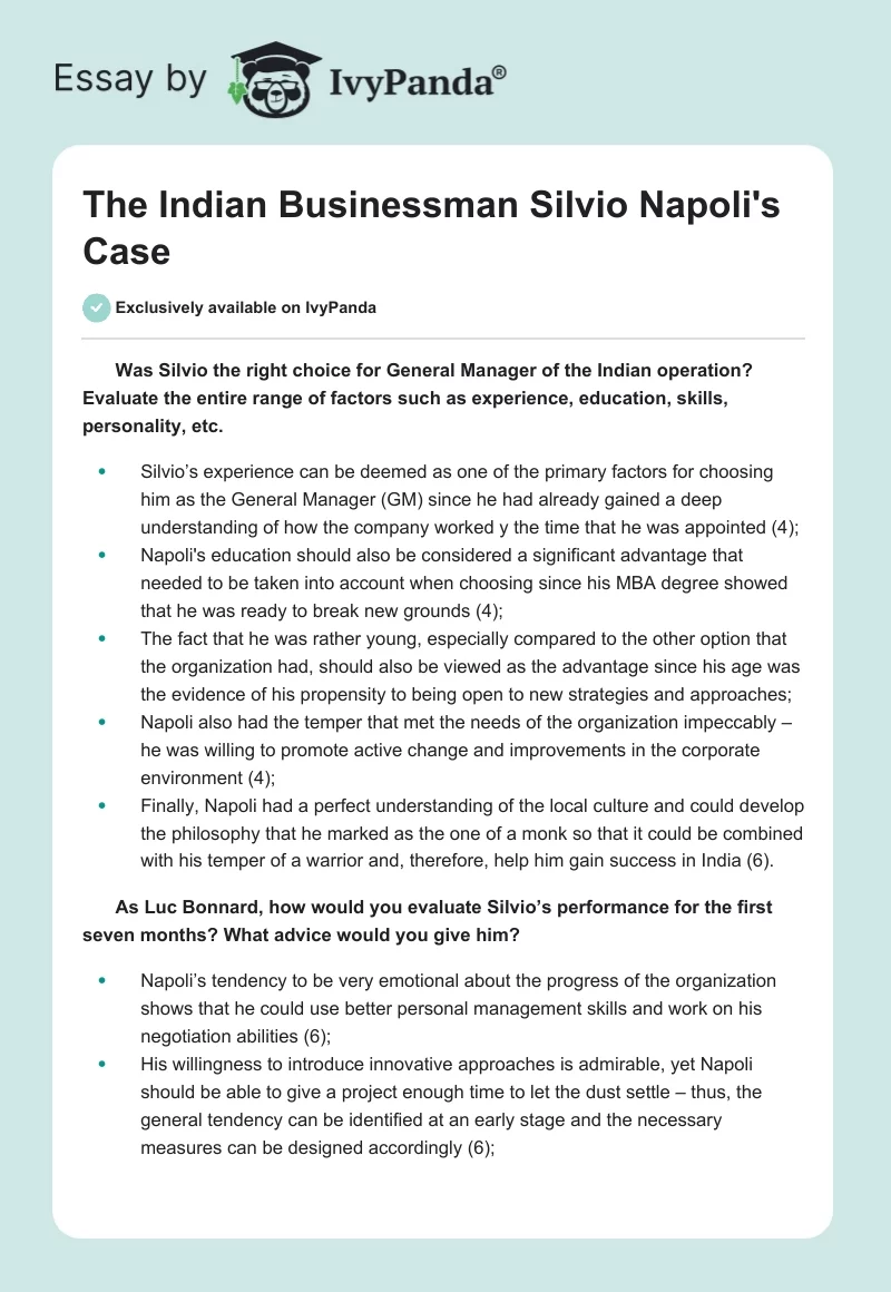 The Indian Businessman Silvio Napoli's Case. Page 1