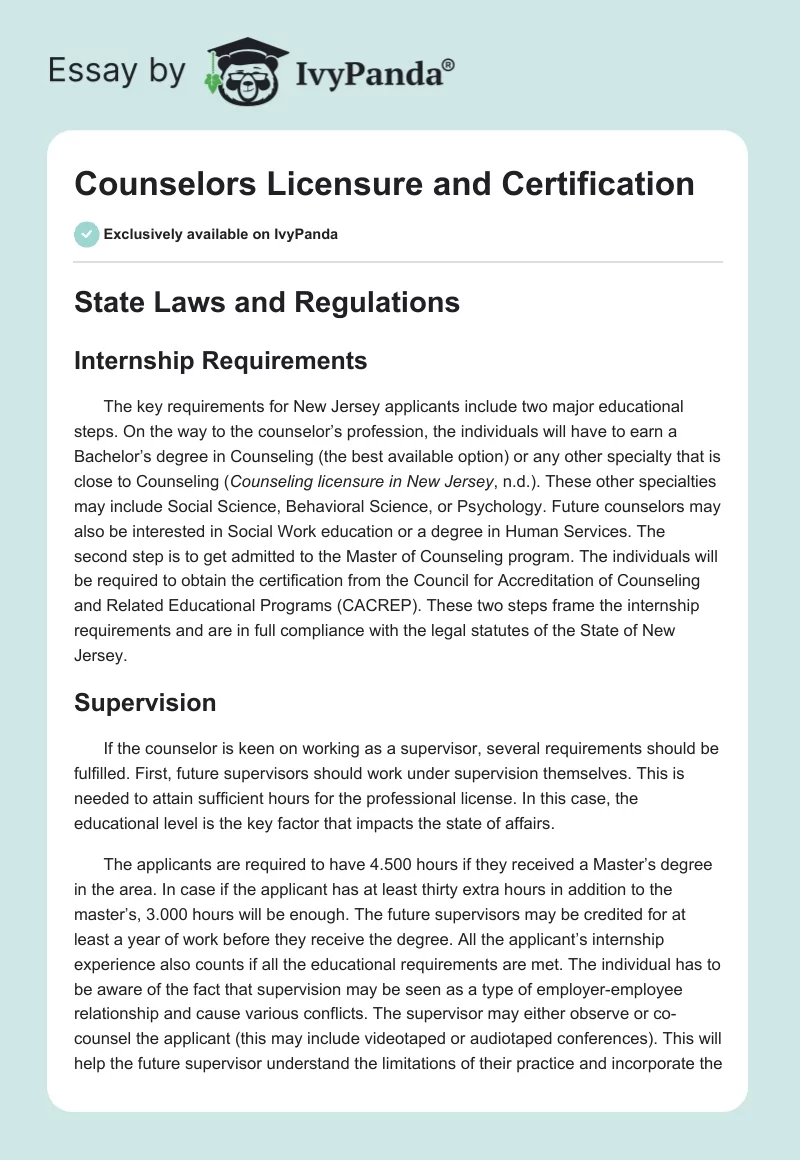 Counselors Licensure and Certification. Page 1
