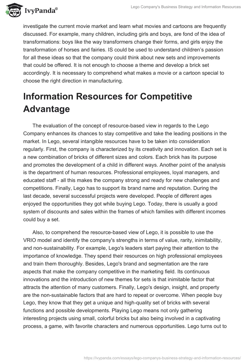 Lego Company's Business Strategy and Information Resources. Page 3