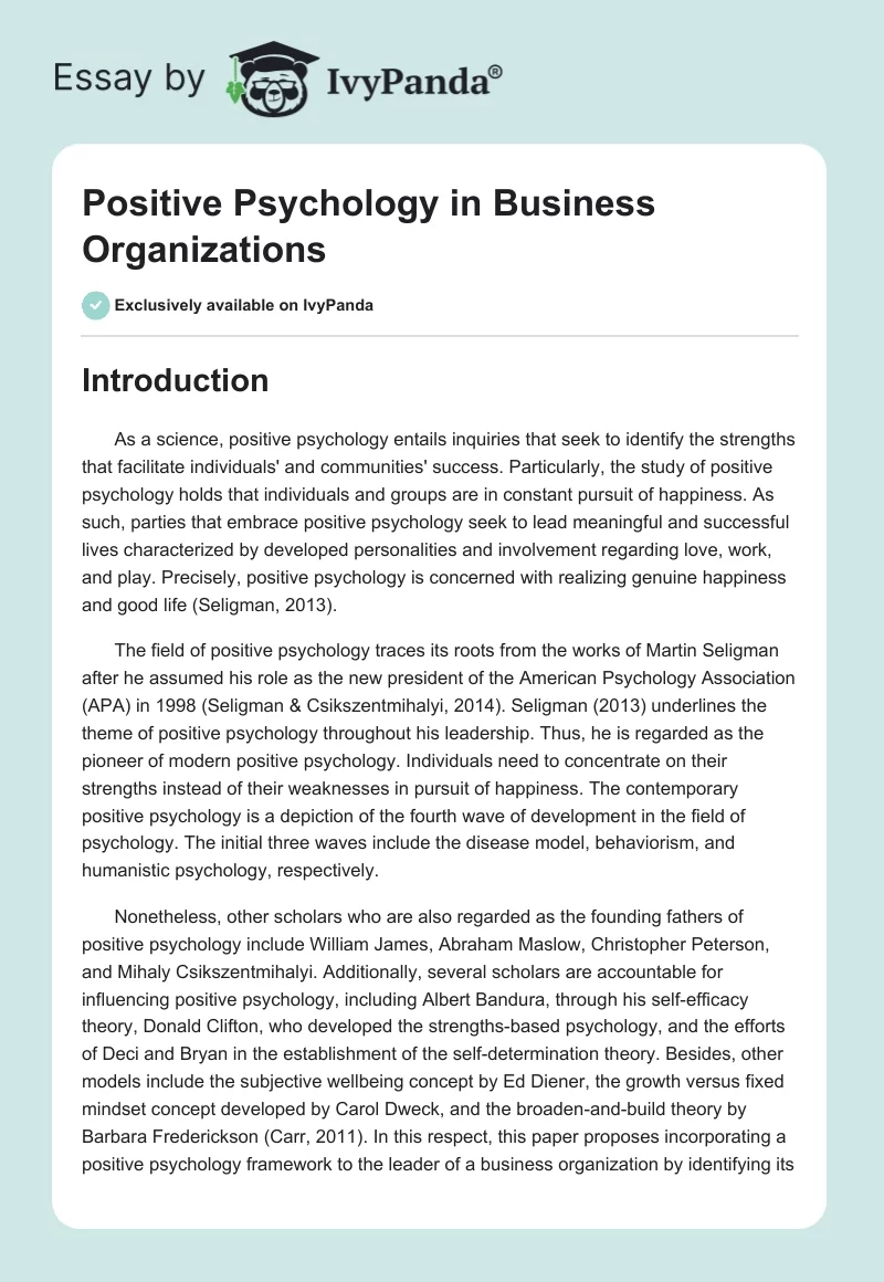 Positive Psychology in Business Organizations. Page 1