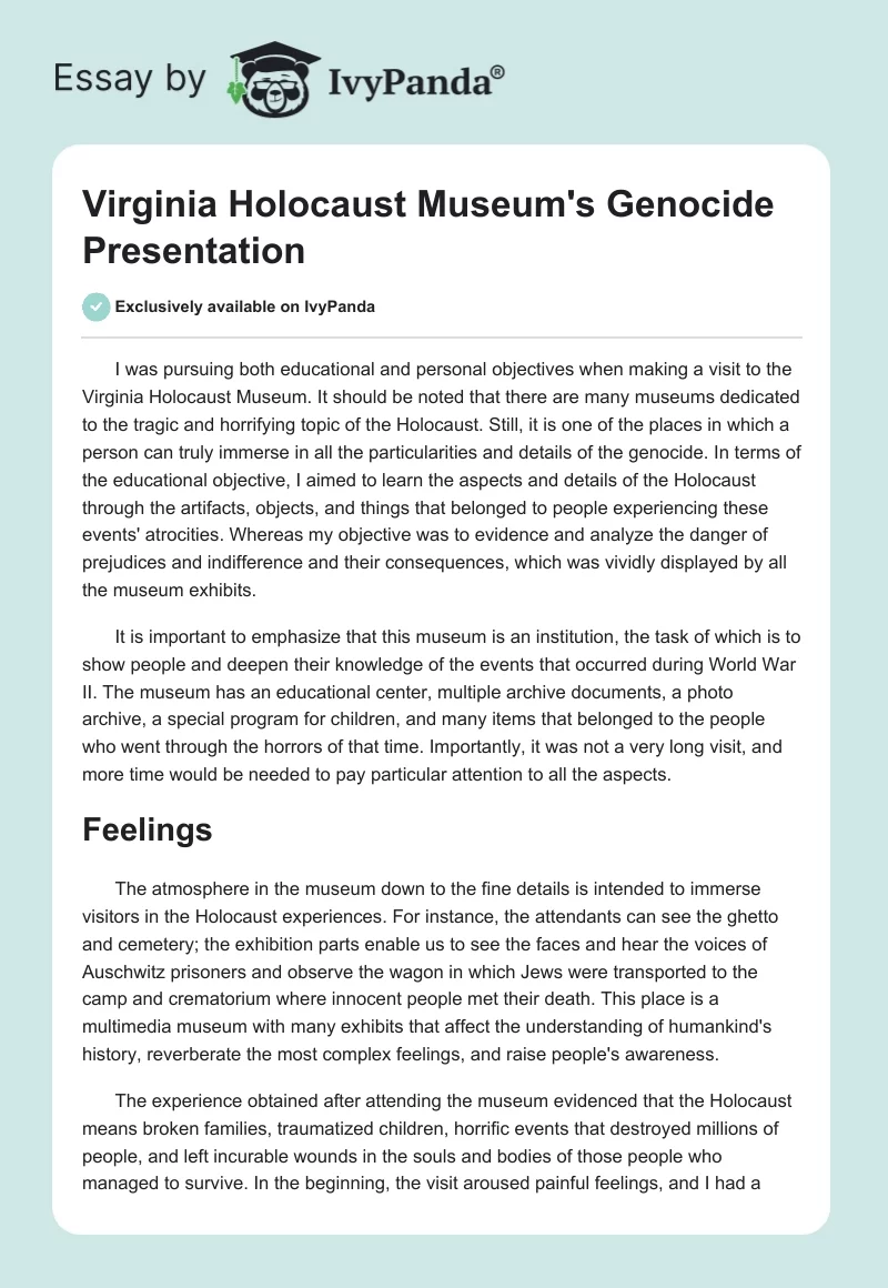 Virginia Holocaust Museum's Genocide Presentation. Page 1