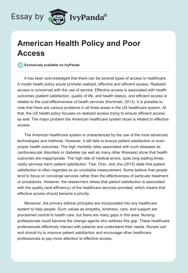 American Health Policy and Poor Access. Page 1