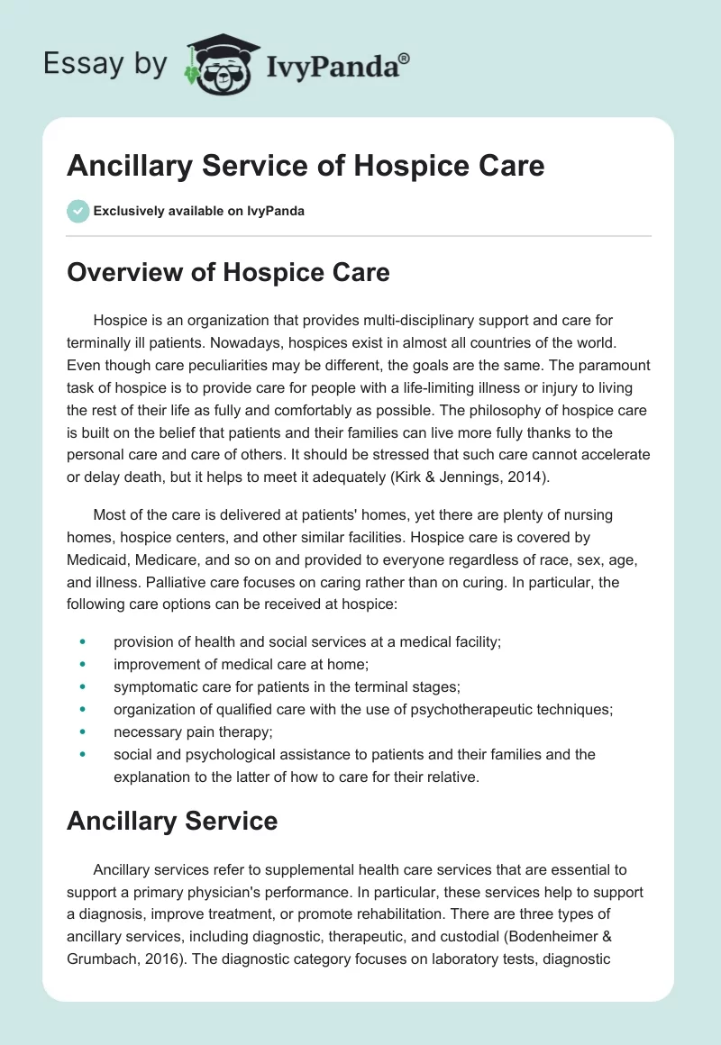 Ancillary Service of Hospice Care. Page 1