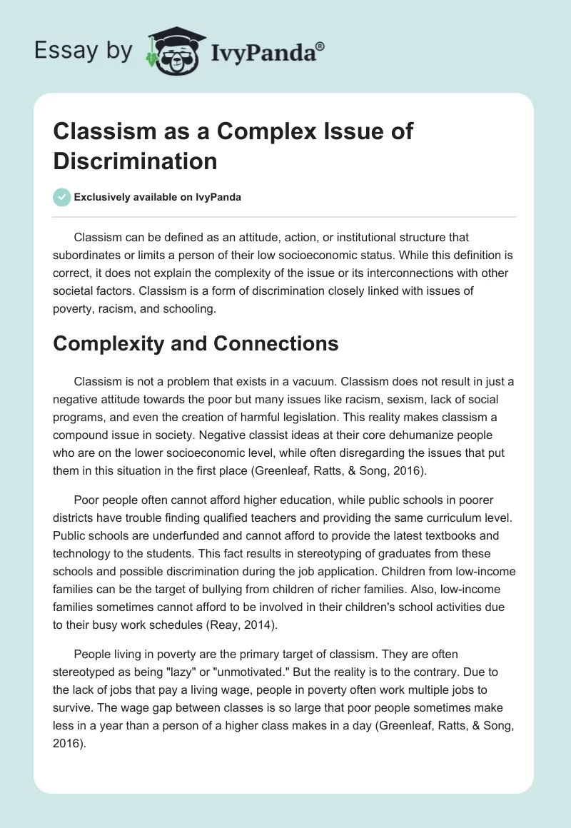 Classism as a Complex Issue of Discrimination. Page 1