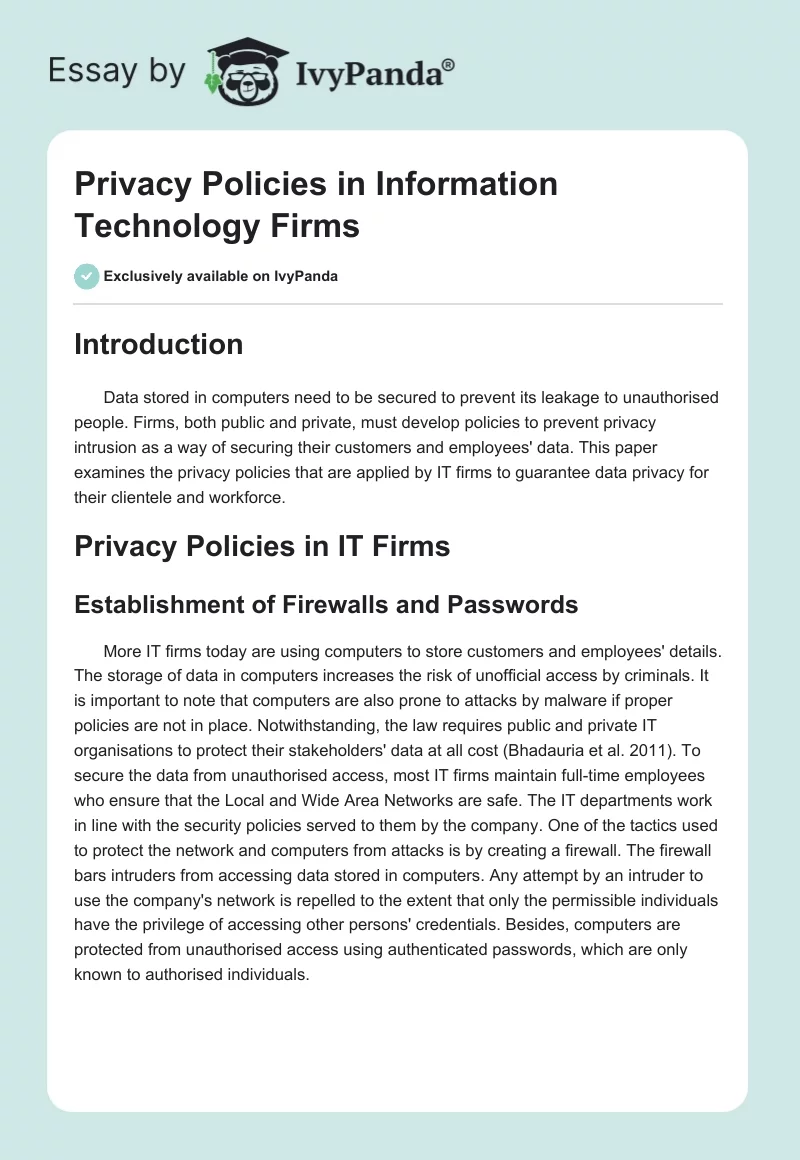 Privacy Policies in Information Technology Firms. Page 1