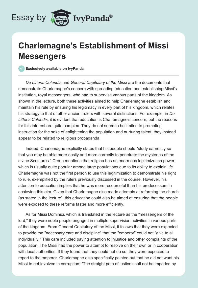 Charlemagne's Establishment of Missi Messengers. Page 1