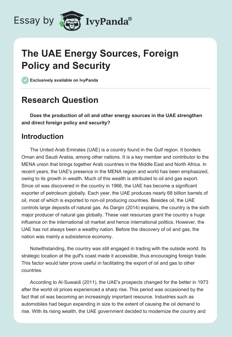 The UAE Energy Sources, Foreign Policy and Security. Page 1