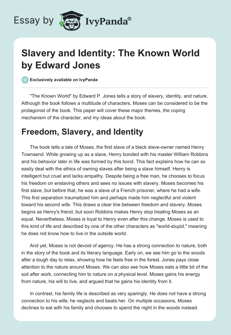 Slavery and Identity: "The Known World" by Edward Jones. Page 1