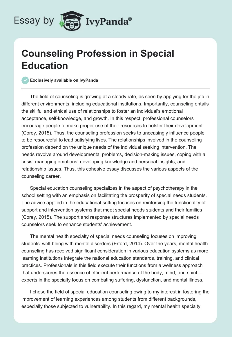 Counseling Profession in Special Education. Page 1