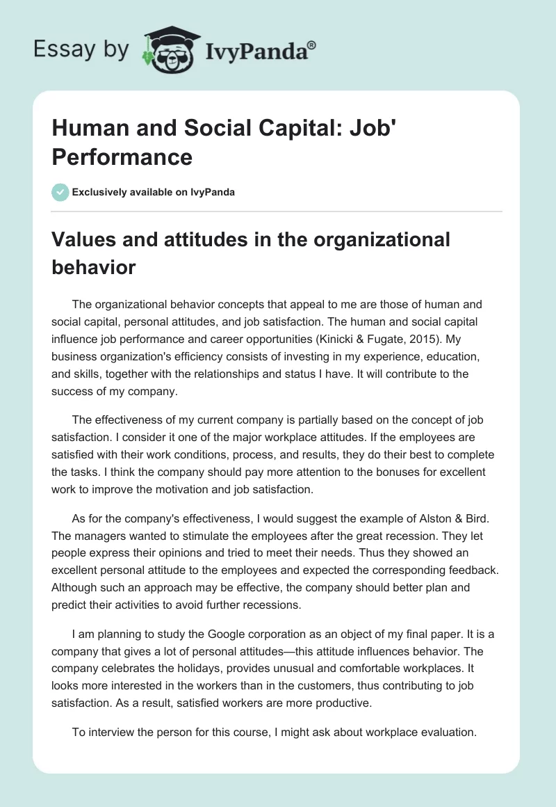 Human and Social Capital: Job' Performance. Page 1