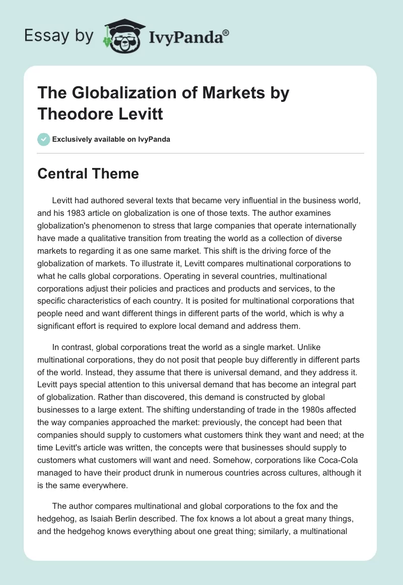 "The Globalization of Markets" by Theodore Levitt. Page 1