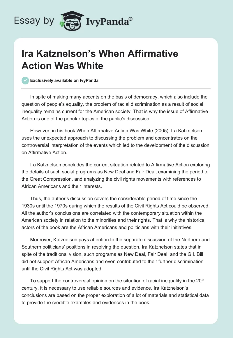 Ira Katznelson’s When Affirmative Action Was White. Page 1