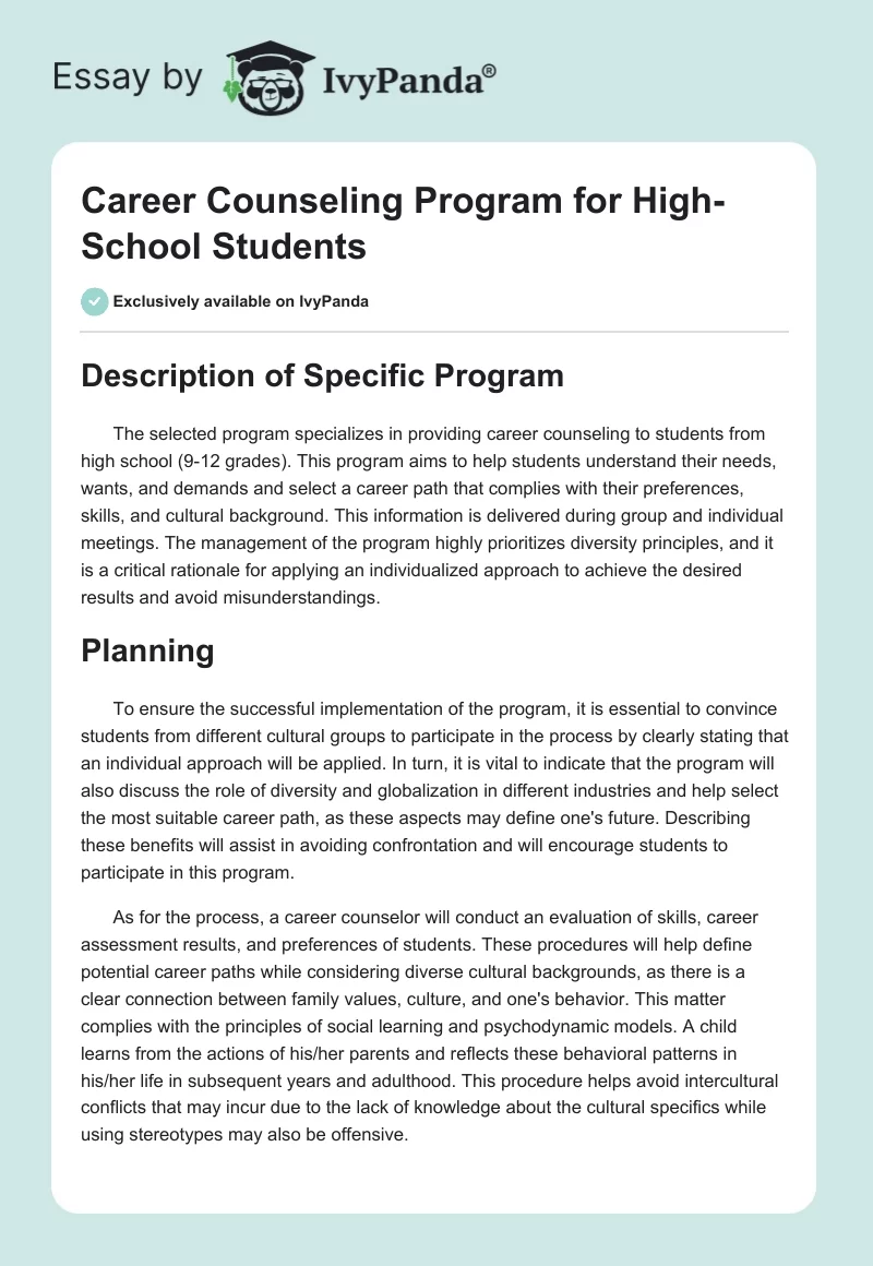 Career Counseling Program for High-School Students. Page 1