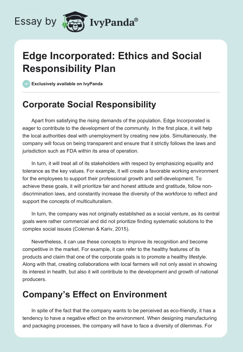 Edge Incorporated: Ethics and Social Responsibility Plan. Page 1