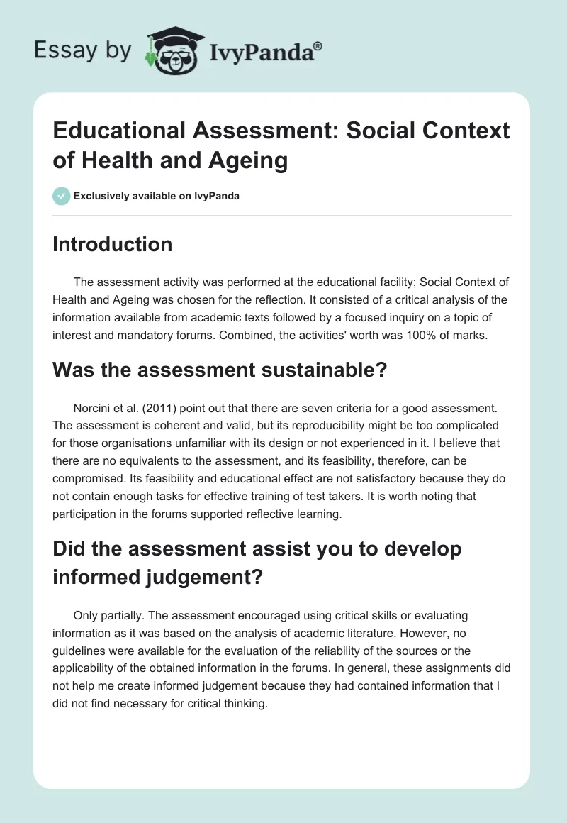 Educational Assessment: Social Context of Health and Ageing. Page 1