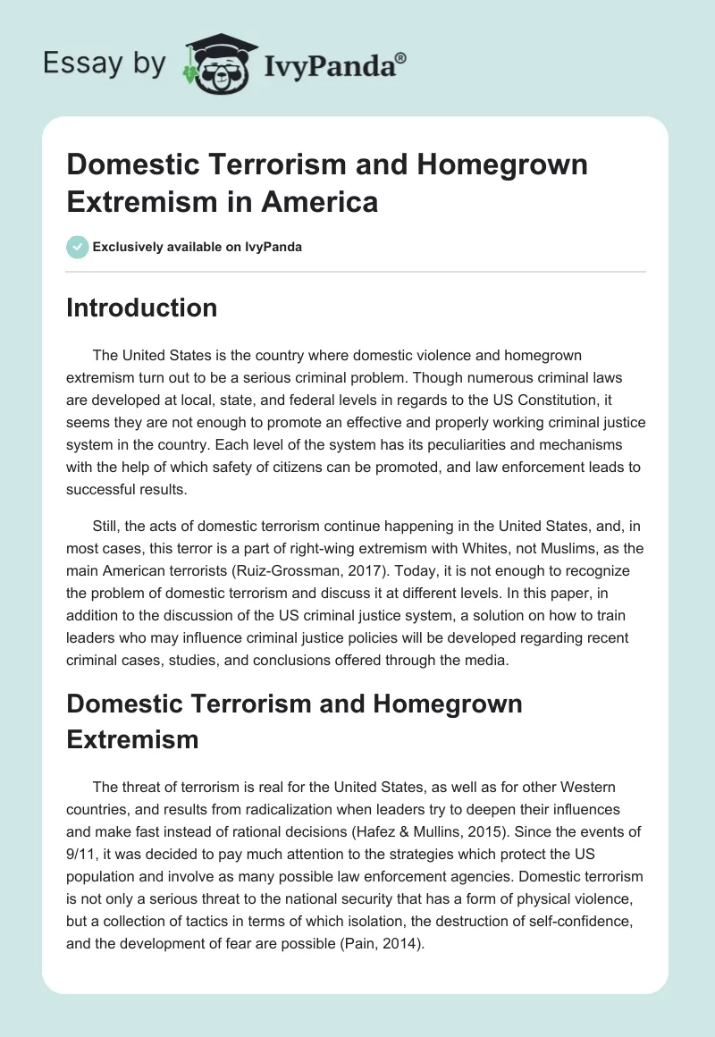 Domestic Terrorism and Homegrown Extremism in America. Page 1