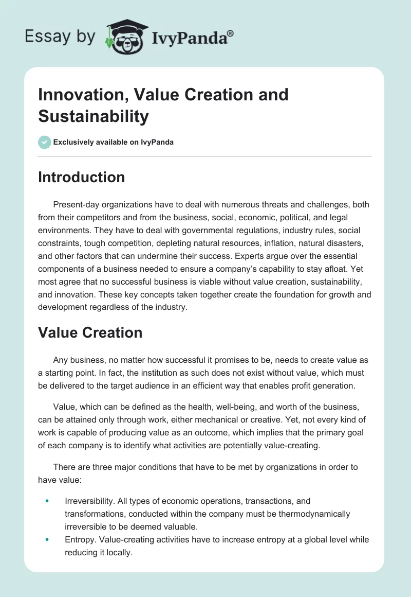 Innovation, Value Creation and Sustainability. Page 1