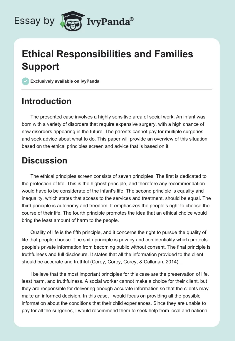 Ethical Responsibilities and Families Support. Page 1