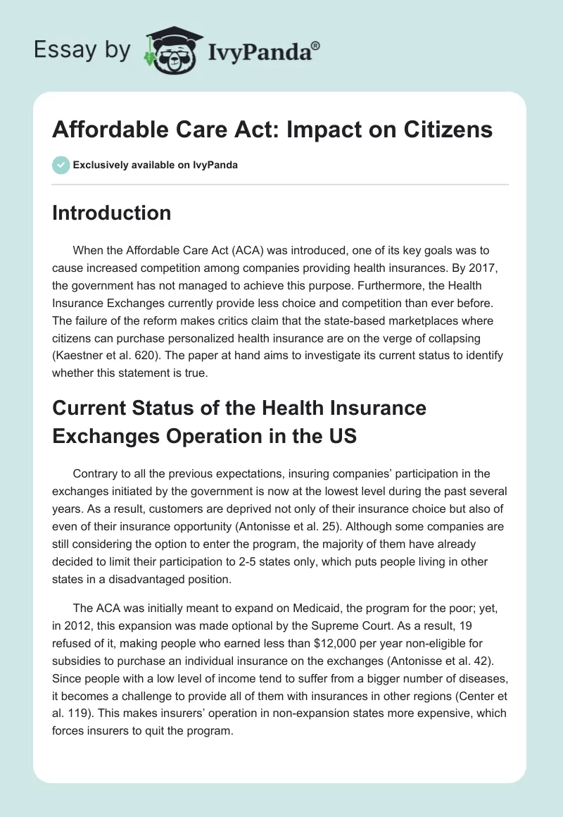 Affordable Care Act: Impact on Citizens. Page 1