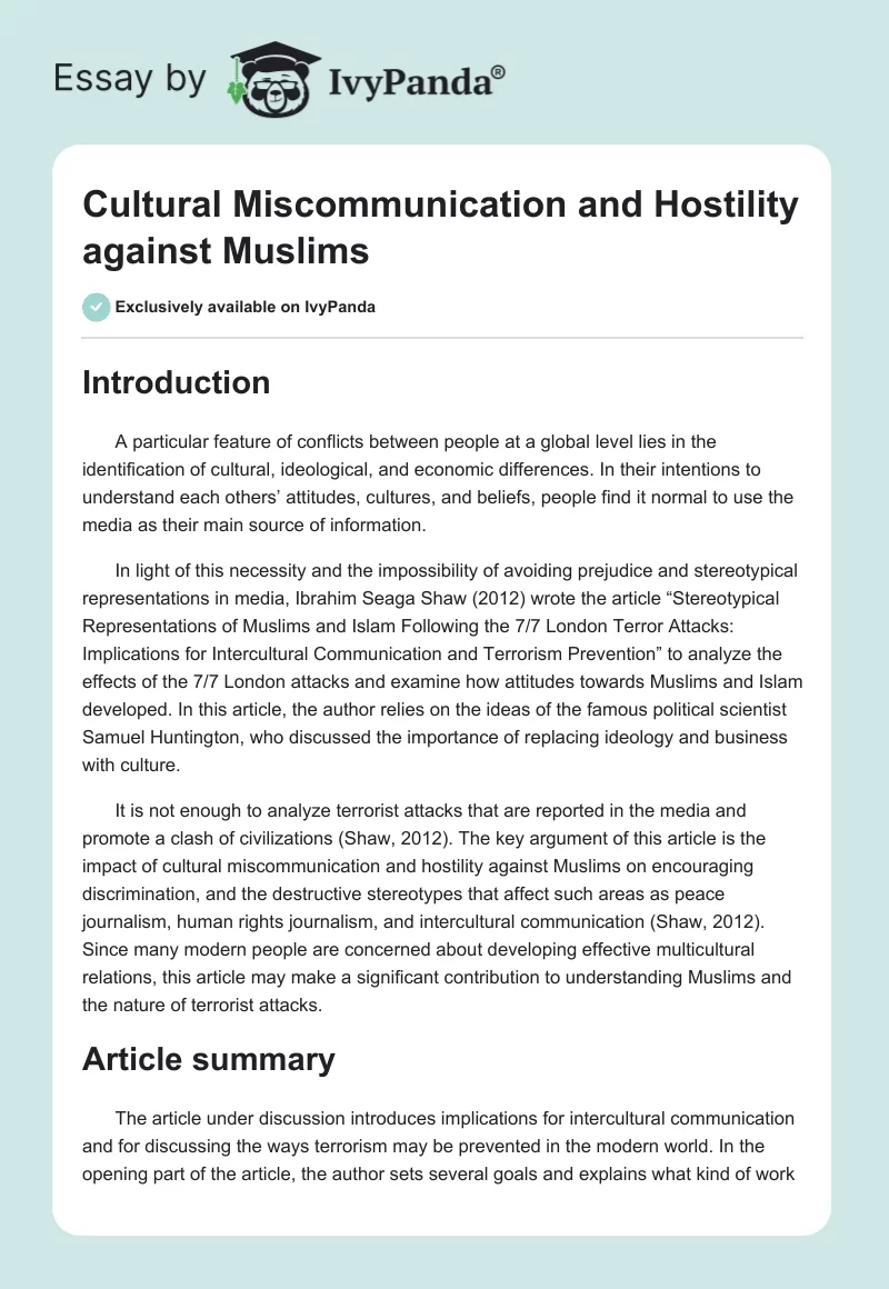 Cultural Miscommunication and Hostility Against Muslims. Page 1