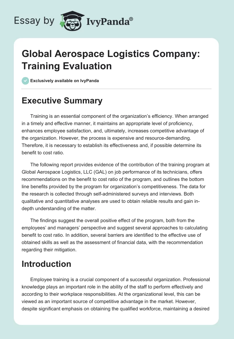 Global Aerospace Logistics Company: Training Evaluation. Page 1