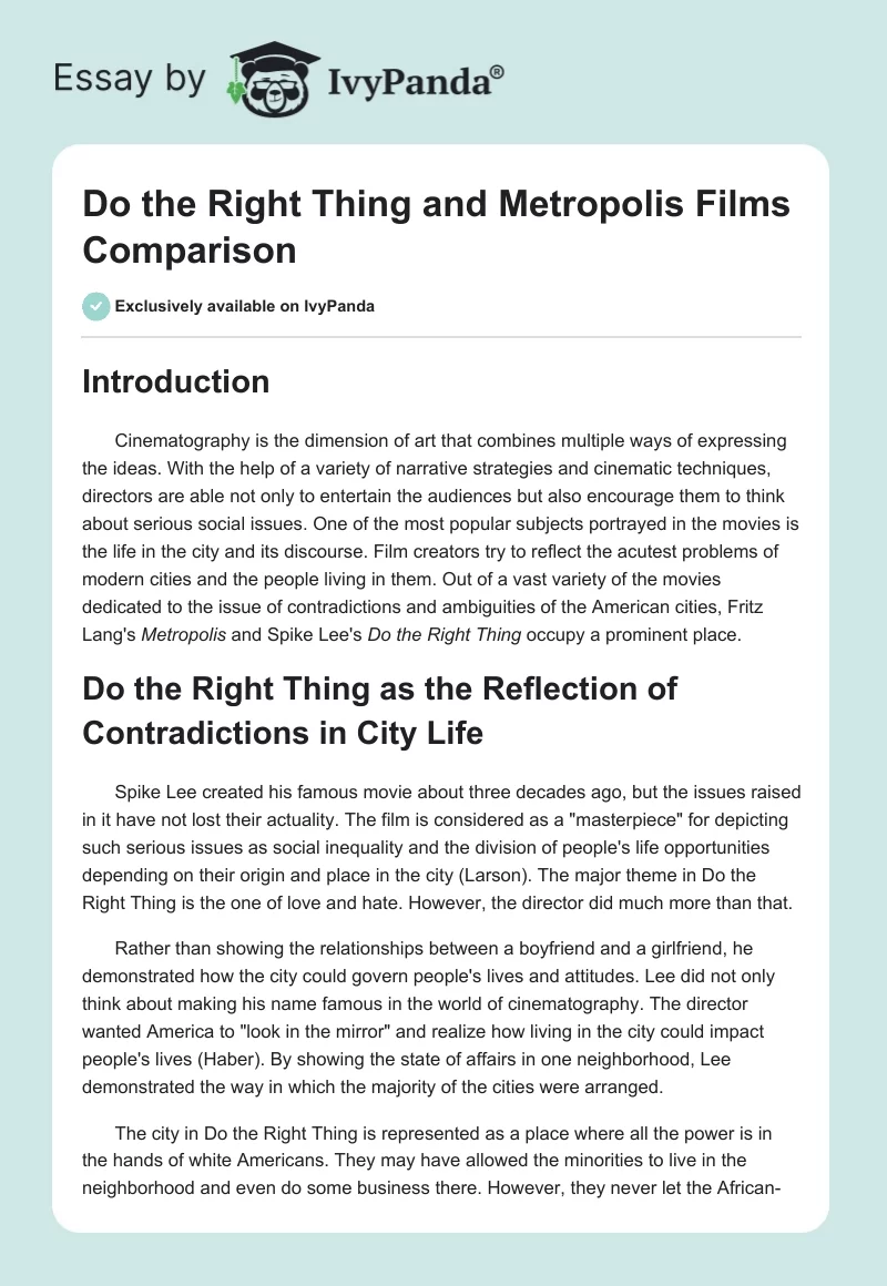 "Do the Right Thing" and "Metropolis" Films Comparison. Page 1