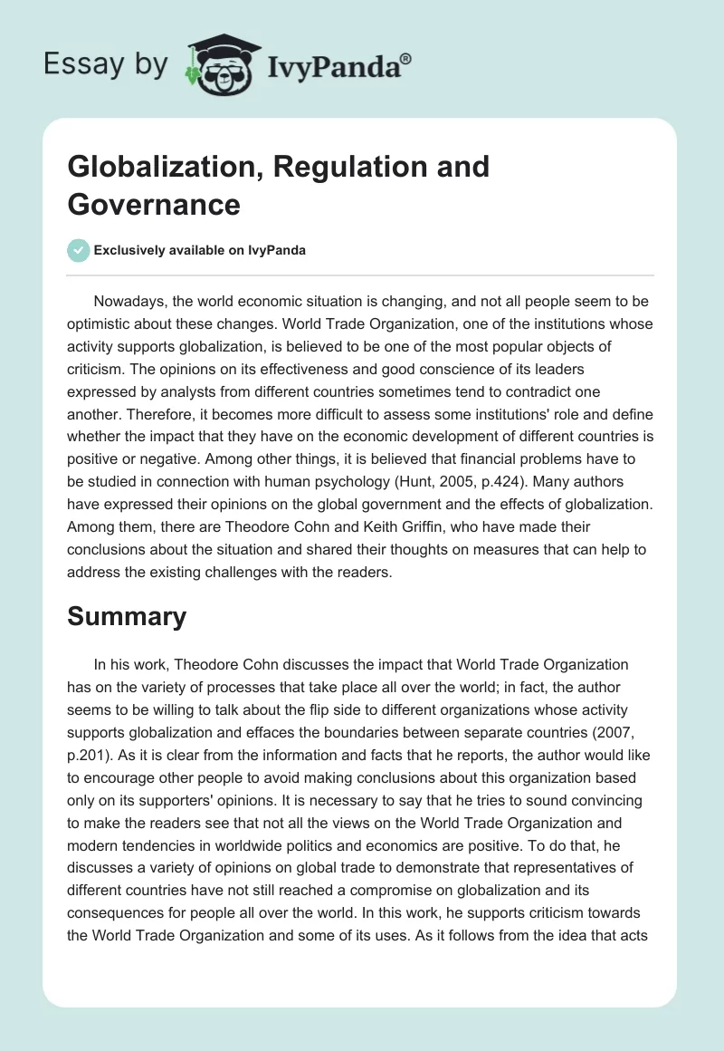 Globalization, Regulation and Governance. Page 1