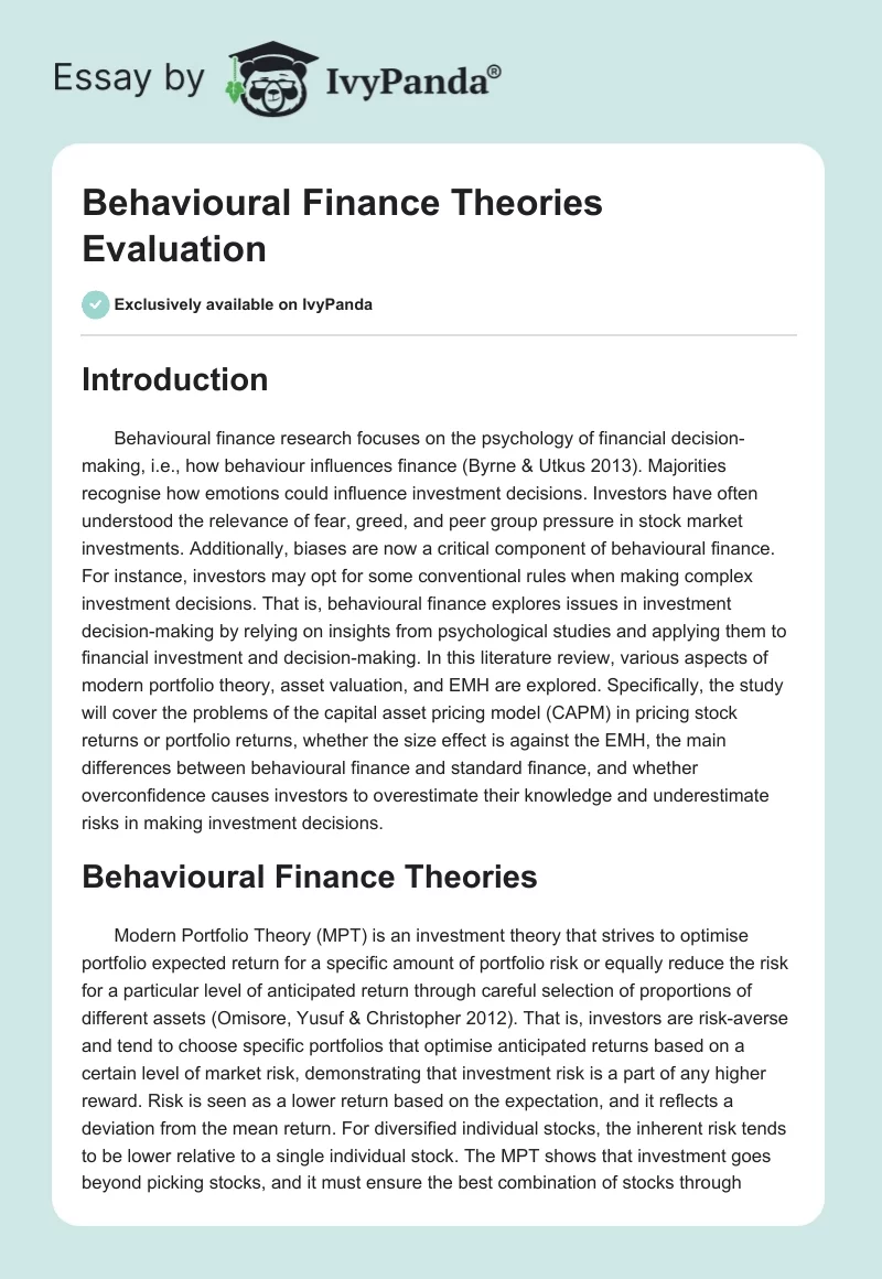 Behavioural Finance Theories Evaluation. Page 1