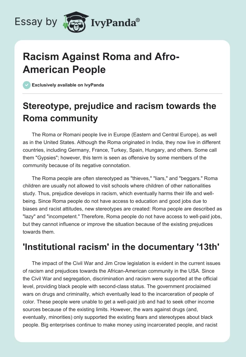 Racism Against Roma and Afro-American People. Page 1