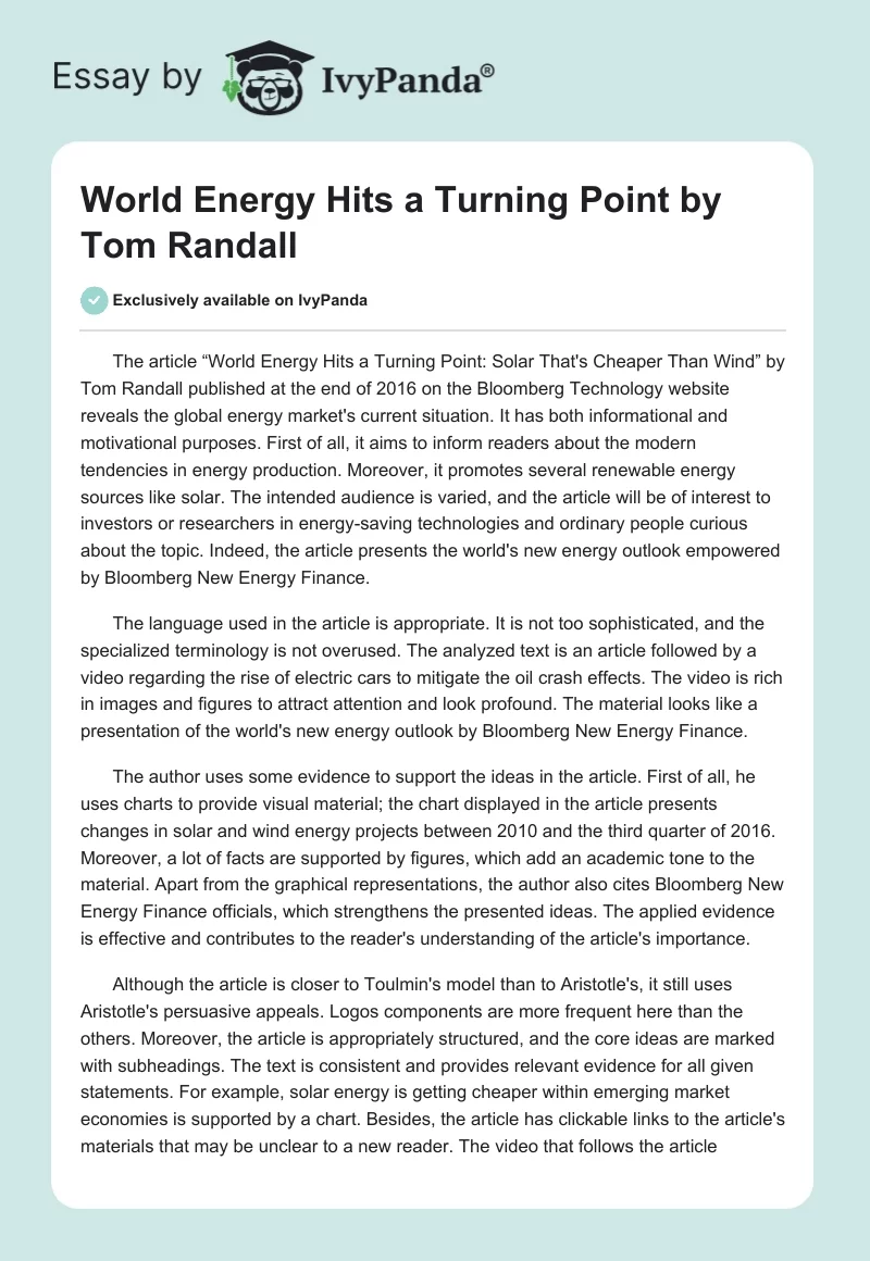"World Energy Hits a Turning Point" by Tom Randall. Page 1