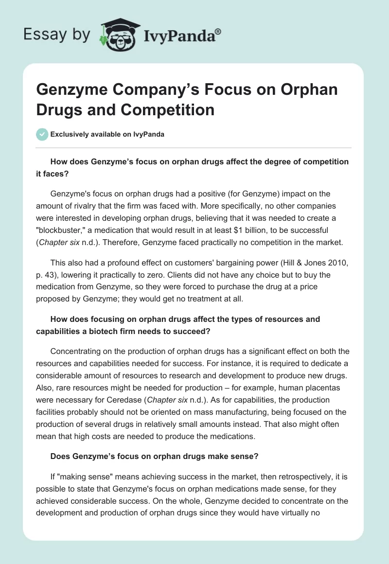 Genzyme Company’s Focus on Orphan Drugs and Competition. Page 1