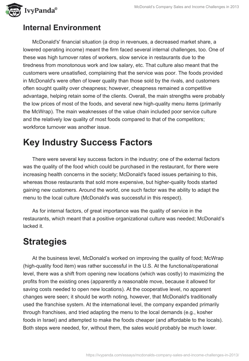 McDonald’s Company Sales and Income Challenges in 2013. Page 2