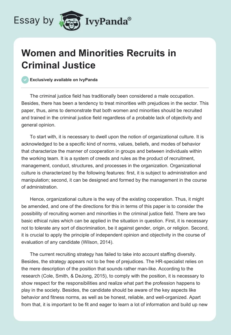 Women and Minorities Recruits in Criminal Justice. Page 1