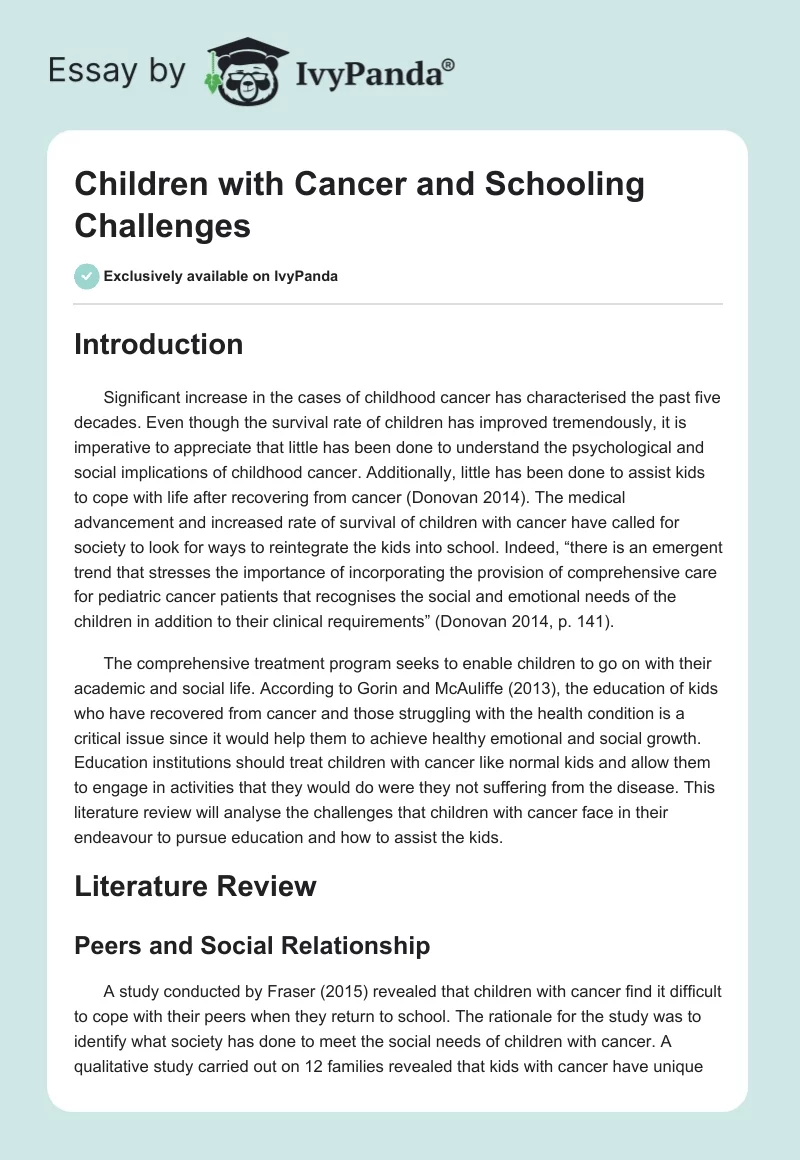 Children With Cancer and Schooling Challenges. Page 1